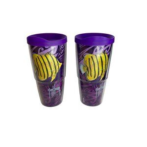 Guy Harvey Tervis Insulated Fish Tumblers 2 Matching Purple 24 oz Travel Cups